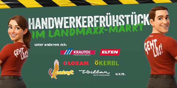Zwei animierte Figuren (eine Frau und ein Mann) in roten Hemden mit der Aufschrift GEMEINSAM GEHT LOS! auf dem Rücken stehen neben einem Text, der ein Handwerkerfrühstück im Landmaxx-Markt ankündigt, darunter die Logos der Sponsoren.