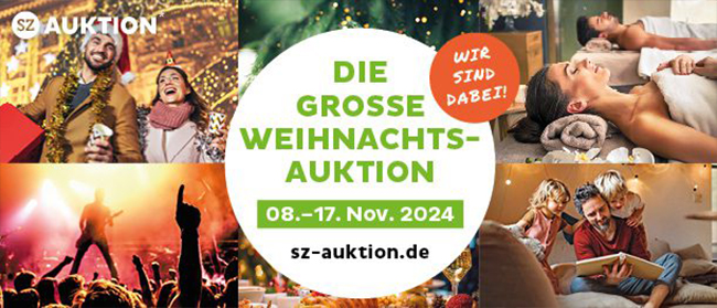 Werbebanner für die Große Weihnachts-Auktion vom 8. bis 17. November 2024 mit festlichen Bildern von Menschen, die feiern, in einem Spa entspannen und Zeit mit der Familie verbringen. Website: sz-auktion.de.