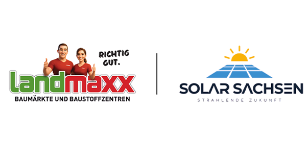 Logos von Landmaxx, das zwei lächelnde Menschen in roten Hemden mit dem Slogan Richtig Gut zeigt, und Solar Sachsen, das eine stilisierte Sonne über blauen Solarzellen und die Worte Strahlende Zukunft zeigt.