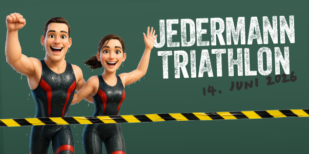 Zwei animierte Athleten, ein Mann und eine Frau in schwarz-roten Triathlonanzügen, feiern, während sie eine gelbe Ziellinie überqueren. Der Text lautet JEDERMANN TRIATHLON 14. JUNI 2026 auf grünem Hintergrund.