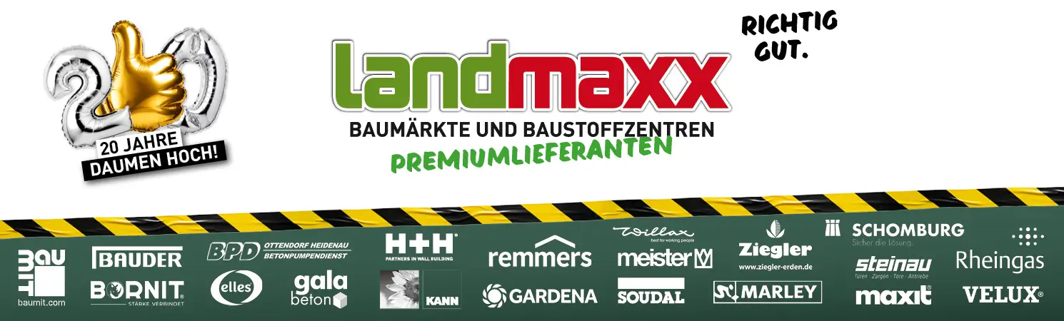 Banner mit einem goldenen Ballon in Form der Zahl 20, einem Daumen hoch, der Aufschrift „20 Jahre Daumen Hoch!“, den Logos von „landmaxx Baumärkte und Baustoffzentren“ sowie dem Schriftzug „Richtig gut“ auf weißem Hintergrund mit gelb-schwarz gestreiften Akzenten.