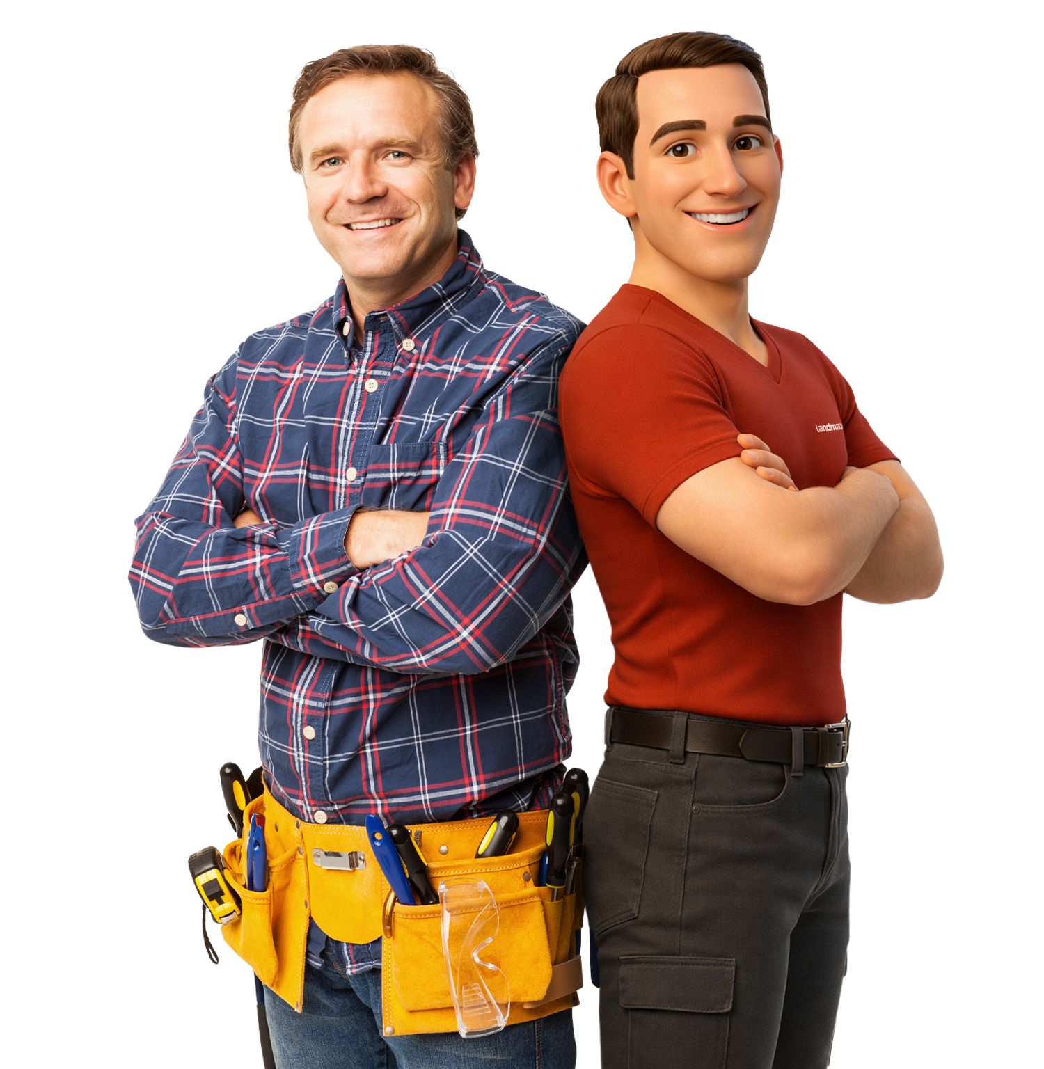 Ein lächelnder Mann in einem karierten Hemd und einem gelben Werkzeuggürtel steht Rücken an Rücken mit einer lächelnden Zeichentrickfigur in einem roten Hemd und einer schwarzen Hose, beide mit verschränkten Armen vor einem weißen Hintergrund.