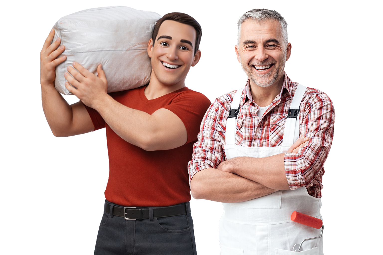 Ein lächelnder animierter Mann in einem roten Hemd hält einen großen weißen Sack und steht neben einem lächelnden älteren Mann in Latzhose und kariertem Hemd mit einem Farbroller in der Tasche. Beide stehen mit dem Gesicht nach vorne vor einem weißen Hintergrund.