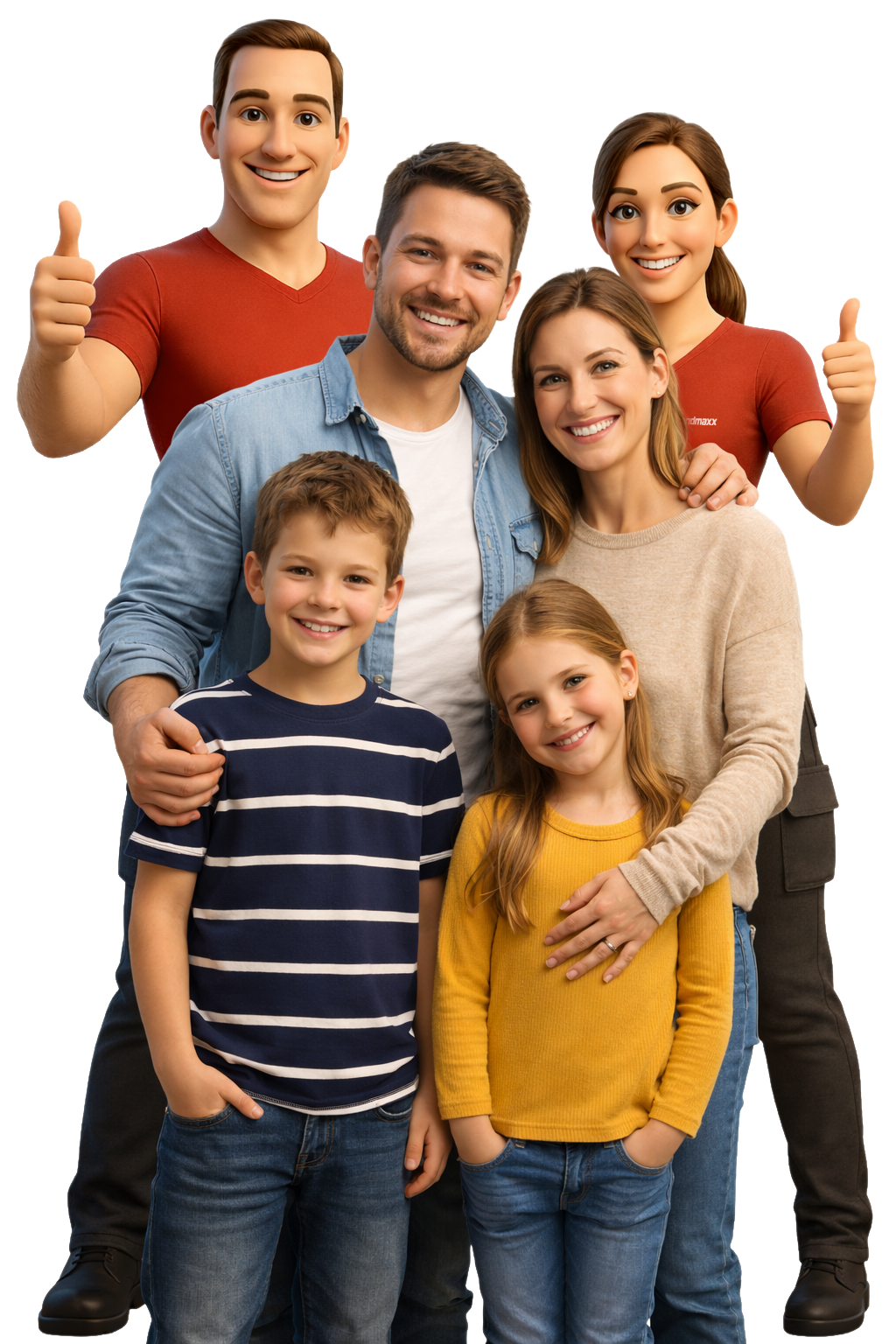 Eine lächelnde vierköpfige Familie, bestehend aus einem Mann, einer Frau, einem Jungen und einem Mädchen, steht zusammen. Hinter ihnen sind zwei animierte Figuren zu sehen, die Daumen nach oben zeigen und den Erwachsenen der Familie ähneln.
