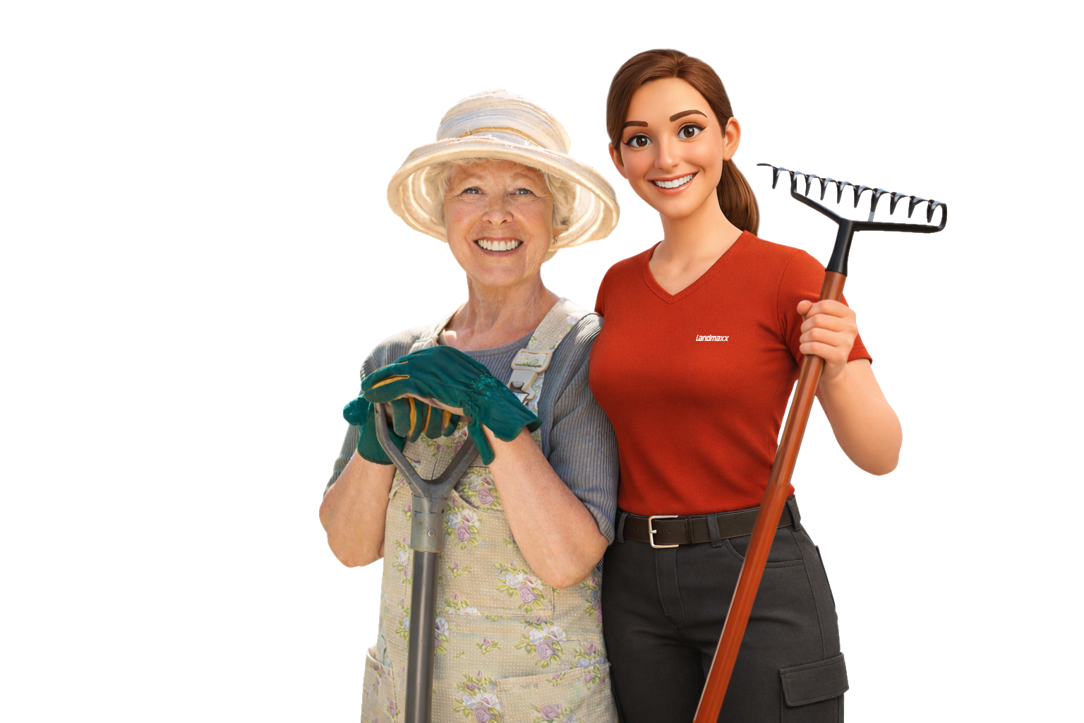 Eine ältere Frau mit Sonnenhut und Gartenhandschuhen hält eine Schaufel und lächelt neben einer jüngeren Frau in einem roten Hemd, die eine Harke hält. Beide sehen fröhlich aus und stehen zusammen vor einem schlichten weißen Hintergrund.