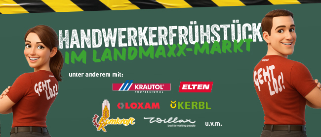 Zwei animierte Figuren in roten Hemden stehen Rücken an Rücken und lächeln, über ihnen steht in fetter Schrift HANDWERKERFRÜHSTÜCK IM LANDMAXX-MARKT. Unterhalb des Textes sind Logos von Sponsoren zu sehen.