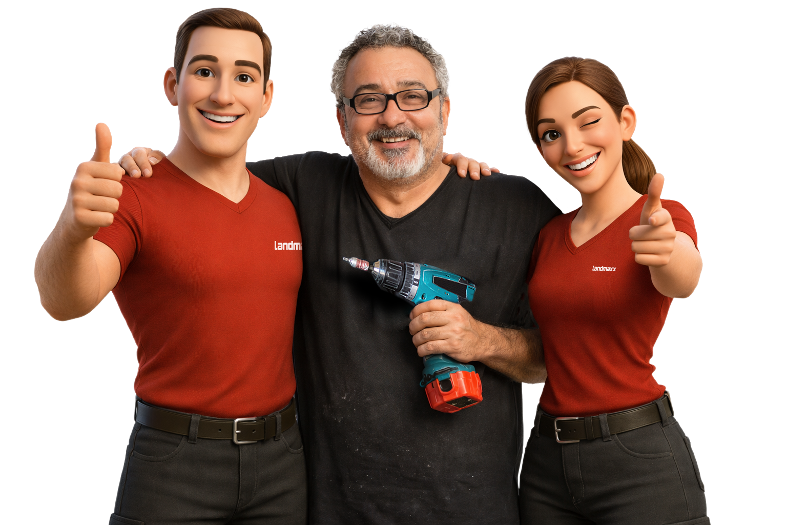 Ein lächelnder Mann mit einer Bohrmaschine steht zwischen zwei animierten Figuren in roten Hemden. Beide Figuren zeigen den Daumen nach oben und zeigen auf etwas, was vor einem schlichten weißen Hintergrund fröhlich wirkt.