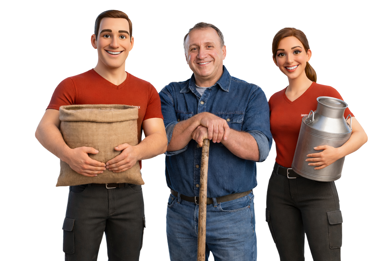 Ein lächelnder älterer Mann in Jeans hält einen Holzstock und steht zwischen zwei jüngeren animierten Figuren in roten Hemden - einer hält einen Sack aus Sackleinen, der andere eine Milchkanne aus Metall. Alle stehen mit dem Gesicht nach vorne vor einem weißen Hintergrund.