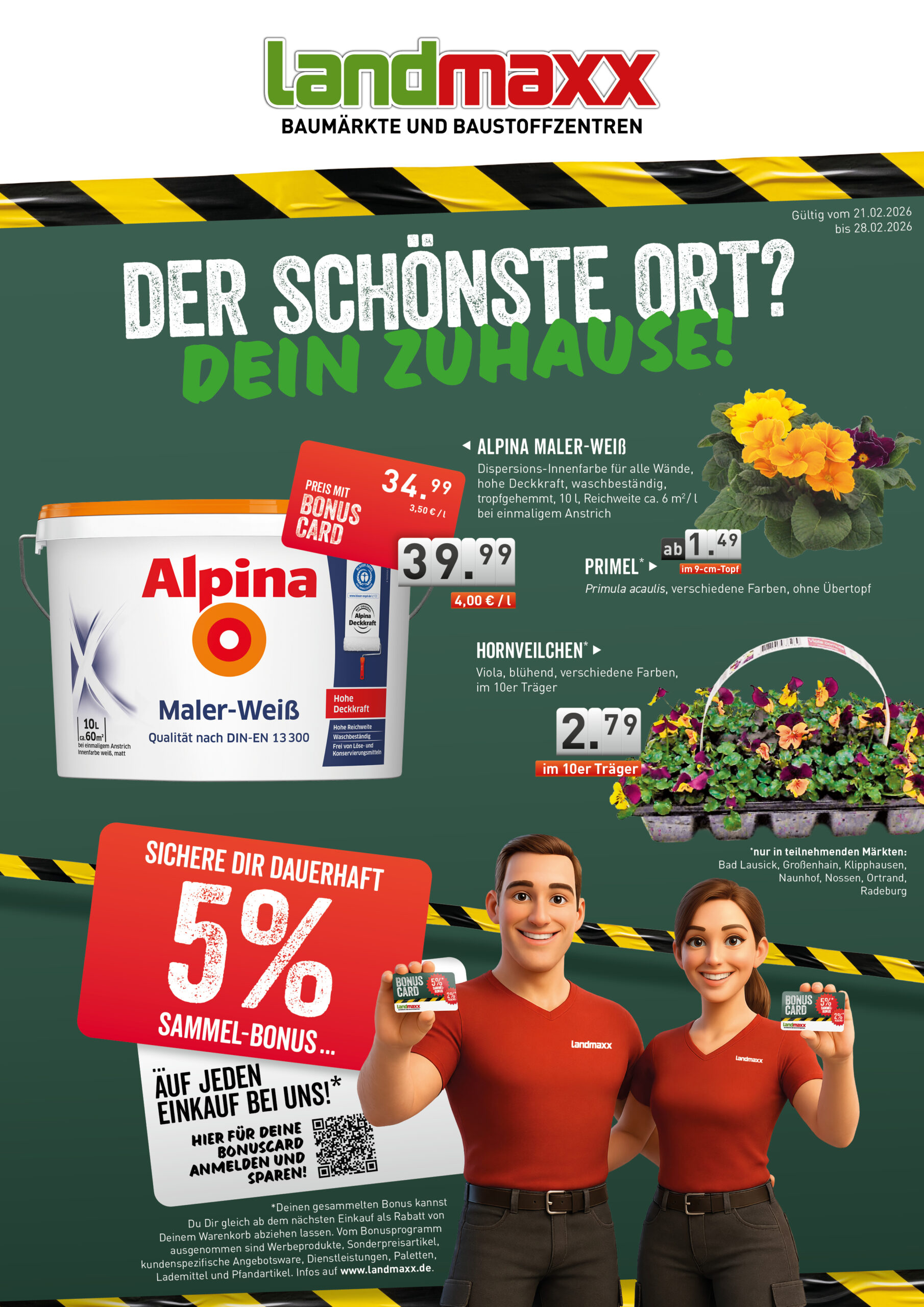 Werbung für Landmaxx-Baumärkte, mit Farbe, Blumen und lächelnden Mitarbeitern, die eine rote Karte und einen Farbroller halten. Der Text hebt ein Bonusangebot und Produkte hervor und ist in leuchtendem Grün und Gelb gehalten.