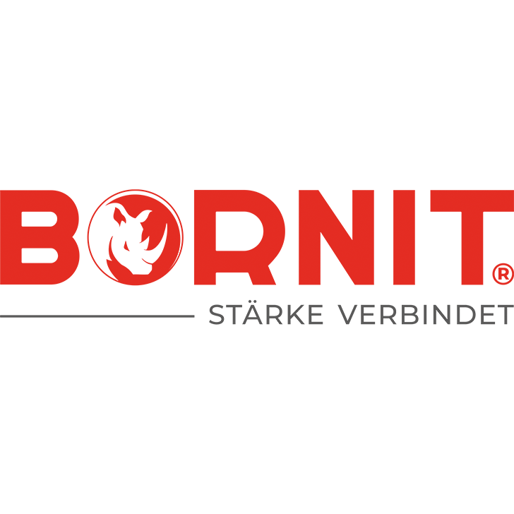 Logo mit dem Schriftzug „BORNIT“ in Rot, wobei der Buchstabe „O“ eine Grafik eines weißen Nashorns enthält. Unterhalb von „NIT“ stehen auf hellem Hintergrund die grauen Wörter „STÄRKE VERBINDET“.