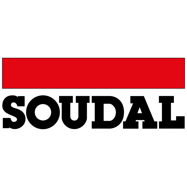 Das Bild zeigt das SOUDAL-Logo mit fetten schwarzen Buchstaben unter einem breiten roten Querstreifen auf weißem Hintergrund.