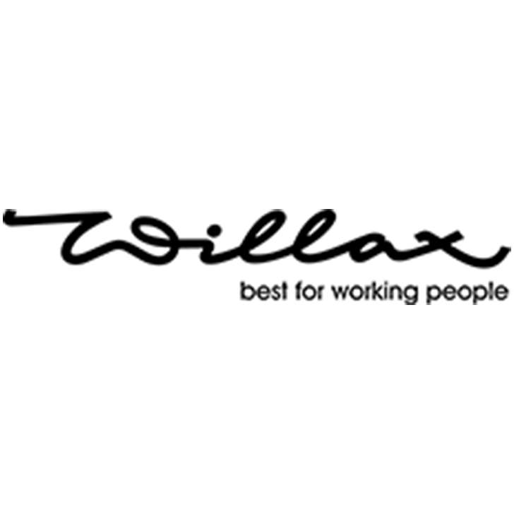 Logo mit dem Wort „Willax“ in Schreibschrift und dem Slogan „best for working people“ in kleinerer, einfacher Schrift darunter. Der Hintergrund ist hellgrau.