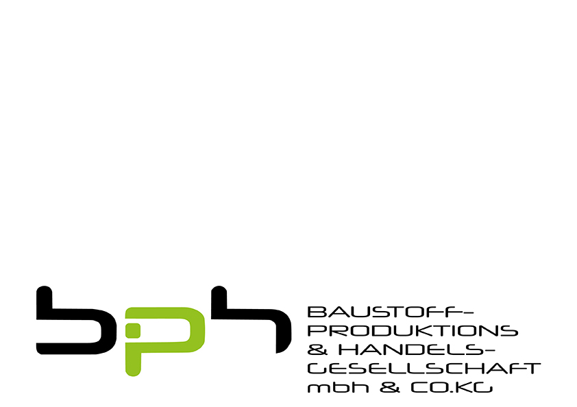 Logo mit stilisierten Kleinbuchstaben bph in Schwarz und Grün, daneben der Text Baustoff-Produktions- & Handels-Gesellschaft mbH & Co. KG in moderner Schriftart, auf weißem Hintergrund.