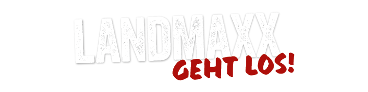 Textgrafik mit den Worten LANDMAXX GEHT LOS! in fetten weißen und roten Buchstaben auf hellgrauem Hintergrund.