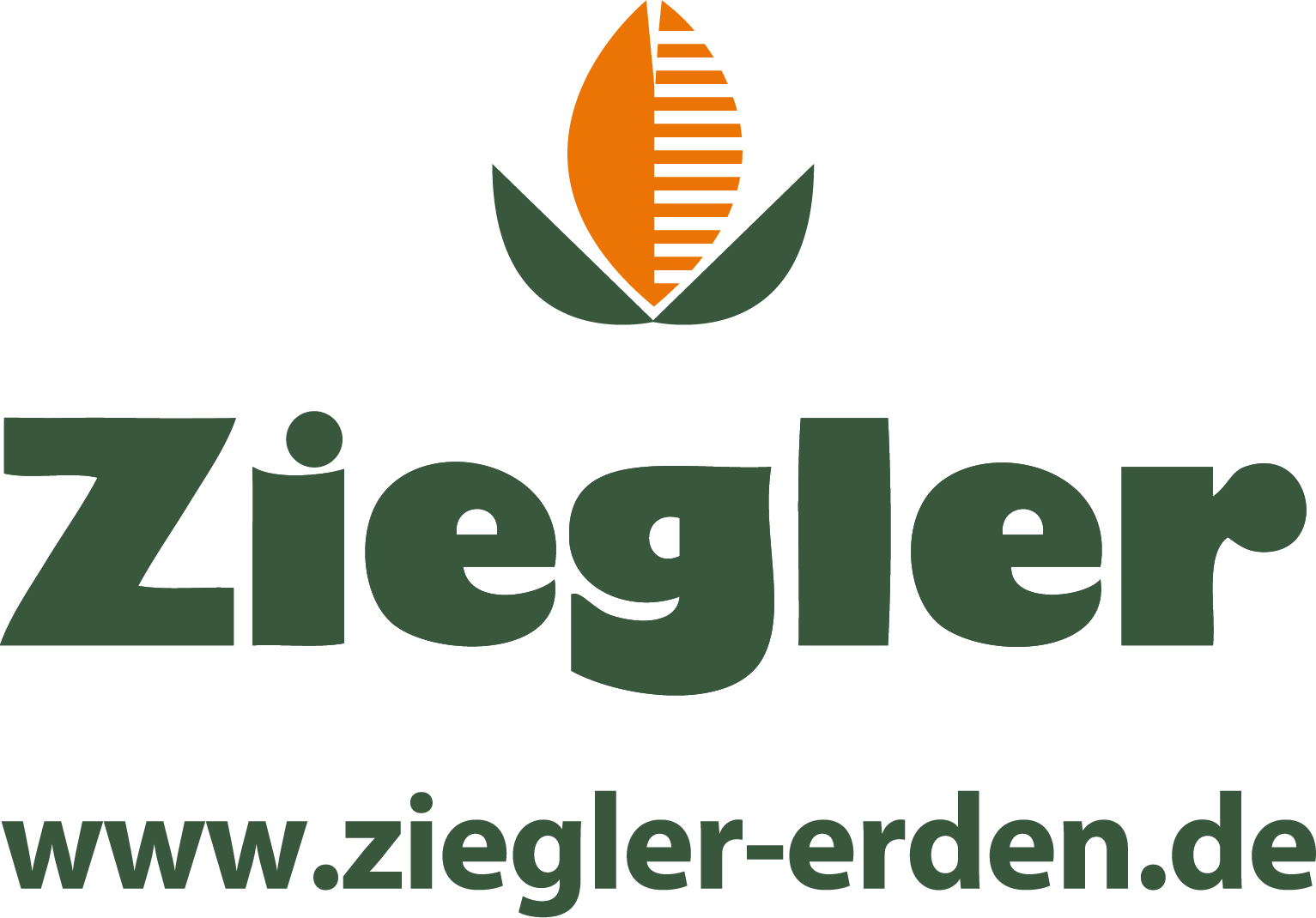 Das Ziegler-Logo mit einem stilisierten Orangenblatt über grünen Blättern und dem Schriftzug „Ziegler“ in fetten grünen Buchstaben, darunter „www.ziegler-erden.de“.