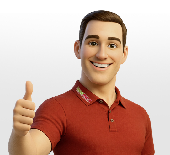 Ein lächelnder, animierter Mann mit braunen Haaren, der ein rotes Poloshirt trägt, zeigt den Daumen nach oben. Das Hemd hat ein Logo am Kragen. Der Hintergrund ist weiß.