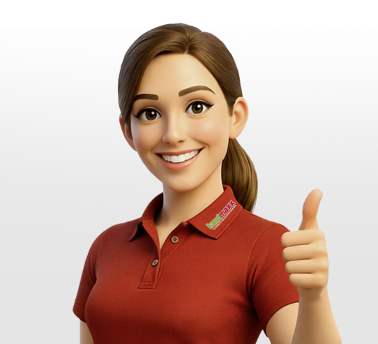 Eine lächelnde, animierte Frau mit braunen Haaren in einem Pferdeschwanz, die ein rotes Poloshirt trägt, zeigt den Daumen nach oben. Der Hemdkragen ist mit kleinen bunten Anhängern versehen. Der Hintergrund ist einfarbig weiß.