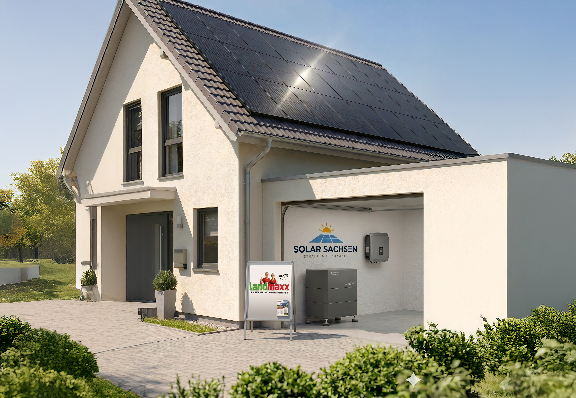 Ein modernes Haus mit Sonnenkollektoren auf dem Dach. Die Garage ist offen und zeigt Solarenergiegeräte, darunter einen Wechselrichter und Batterien. Auf einem Schild davor steht Solar Sachsen und Landmaxx. Rund um das Haus gibt es Grünflächen.