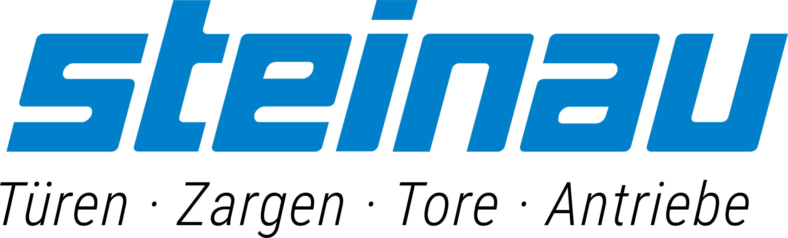 Blaues Steinau-Logo mit darunter stehendem schwarzem Text „Türen · Zargen · Tore · Antriebe“ auf weißem Hintergrund.