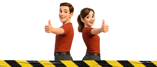 Zwei animierte Figuren, ein Mann und eine Frau, stehen Rücken an Rücken, lächeln und zeigen die Daumen nach oben. Sie tragen beide rote Hemden und schwarze Hosen. Am unteren Rand des Bildes verläuft ein gelb-schwarz gestreiftes Warnband.