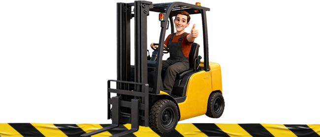 Ein Cartoon-Mann in einem Overall zeigt den Daumen nach oben, während er sitzend einen gelben Gabelstapler bedient, der vor einer schwarz-gelb gestreiften Absperrung steht.