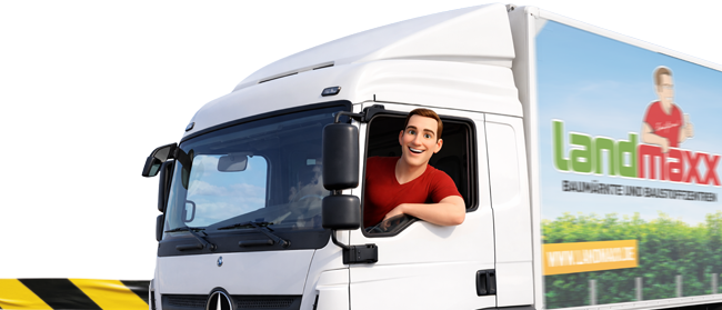Ein lächelnder, animierter Mann in einem roten Hemd lehnt sich aus dem Fenster eines weißen Mercedes-Benz-Lkw mit einer Landmaxx-Werbung an der Seite. Der Hintergrund ist einfarbig und der Lkw ist nur teilweise zu sehen.