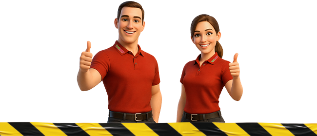 Zwei animierte Figuren, ein Mann und eine Frau in roten Polohemden, stehen nebeneinander und zeigen hinter gelbem und schwarzem Absperrband lächelnd die Daumen nach oben.