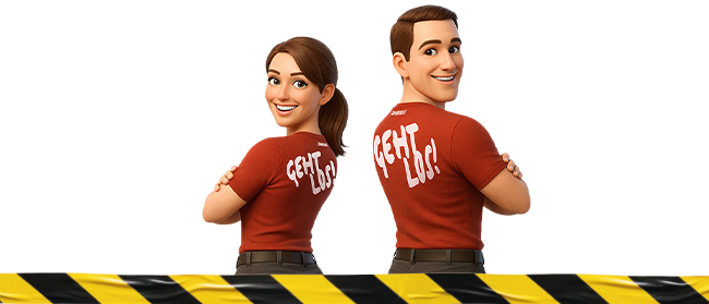 Zwei animierte Figuren, eine Frau und ein Mann, stehen Rücken an Rücken mit verschränkten Armen, beide tragen rote Hemden mit der Aufschrift FIGHT LAB! auf dem Rücken. Ein gelbes und schwarzes Warnband läuft quer über den unteren Rand des Bildes.