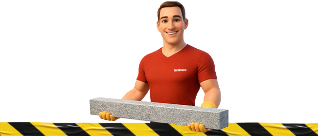 Ein lächelnder animierter Mann in einem roten Hemd und gelben Handschuhen hält einen rechteckigen grauen Betonblock. Er steht hinter einer gelb-schwarz gestreiften Warnschranke auf hellem Hintergrund.