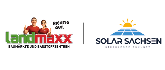 Die Logos von Landmaxx und Solar Sachsen nebeneinander. Landmaxx zeigt zwei lächelnde Menschen in roten Hemden mit dem Slogan "Richtig Gut". Solar Sachsen zeigt eine Sonne über Sonnenkollektoren und die Worte "Strahlende Zukunft".