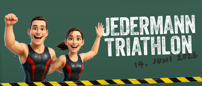 Zwei animierte Athleten in Neoprenanzügen stehen lächelnd und winkend vor einem grünen Hintergrund, auf dem Jedermann Triathlon und 14. Juni 2026 auf grünem Hintergrund zu lesen. Ein gelb-schwarz gestreiftes Band verläuft am unteren Rand.