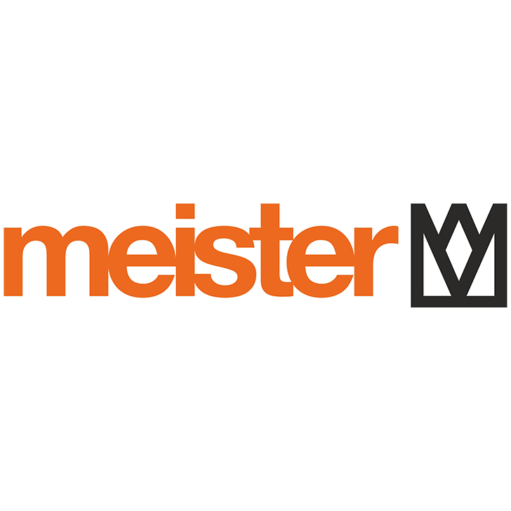 Das Bild zeigt das Wort „meister“ in fetten orangefarbenen Buchstaben, gefolgt von einem schwarzen, geometrischen Kronenlogo auf weißem Hintergrund.