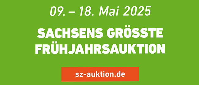 Grünes Banner mit weißem Text: 09. – 18. Mai 2025 SACHSENS GRÖSSTE FRÜHJAHRSAUKTION. Unten steht in einem orangefarbenen Kästchen in weißer Schrift sz-auktion.de.